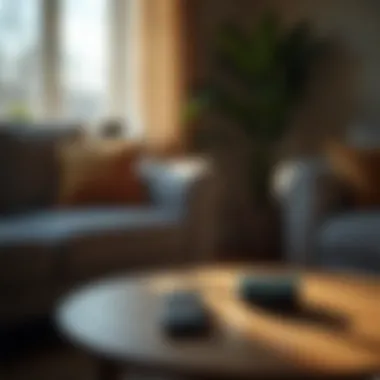 A cluttered living room with an Alexa device and no remote in sight